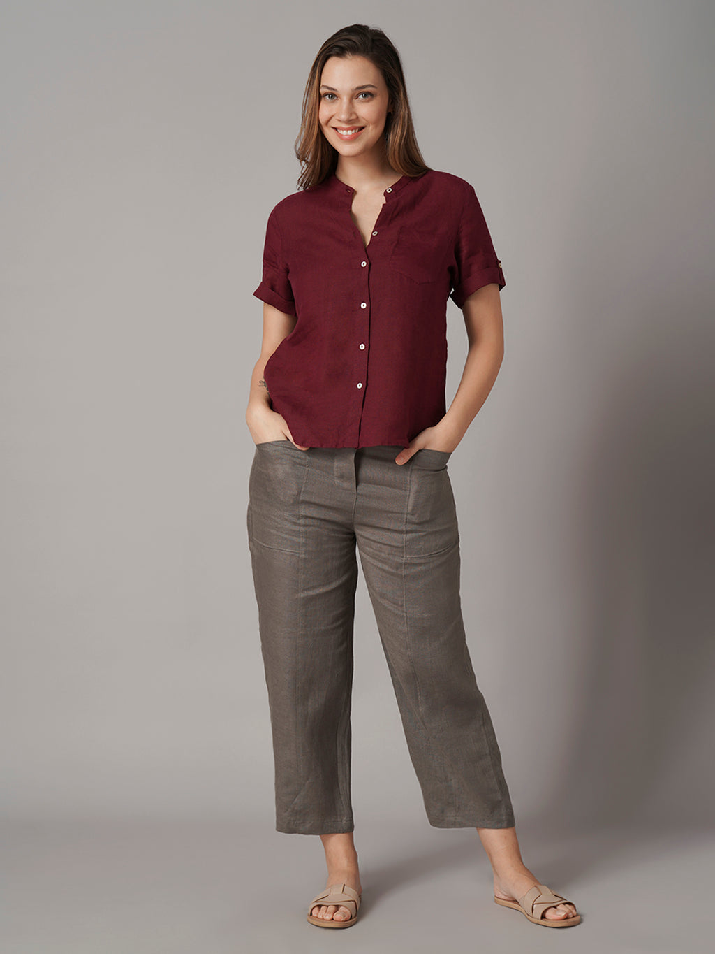 Women's 100% Linen Regular Fit Blouse Maroon