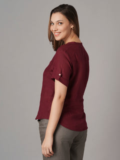 Women's 100% Linen Regular Fit Blouse Maroon