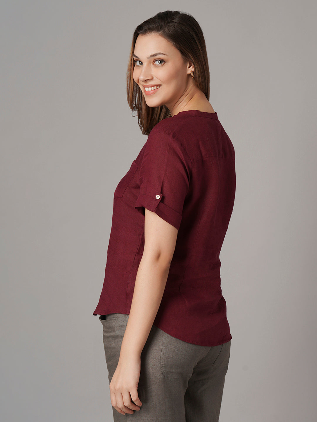 Women's 100% Linen Regular Fit Blouse Maroon