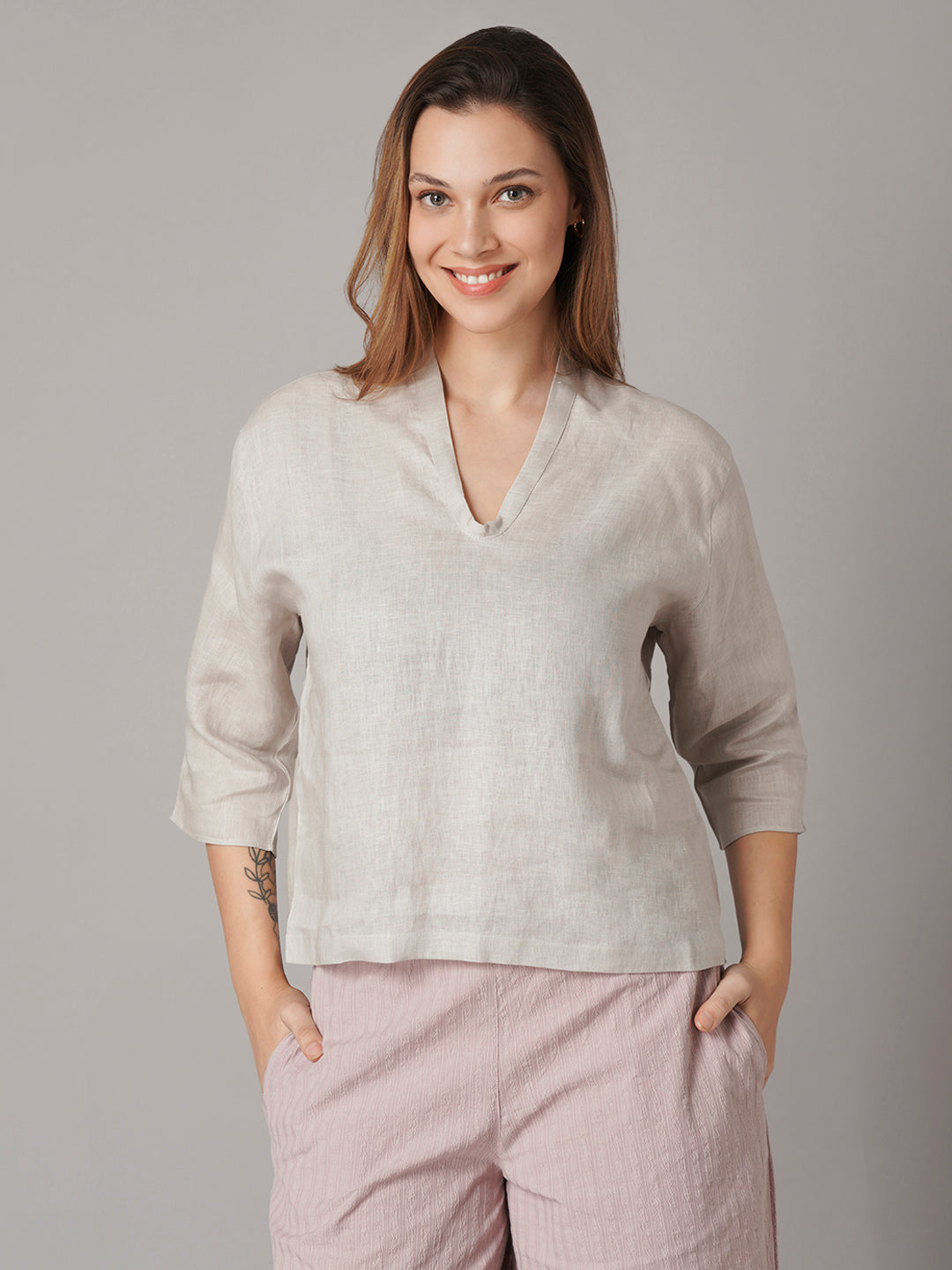 Women's Beige 100% Linen Regular Fit Blouse