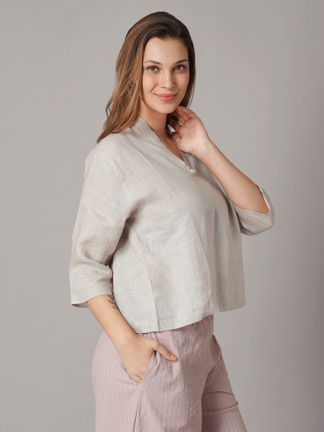 Women's Beige 100% Linen Regular Fit Blouse