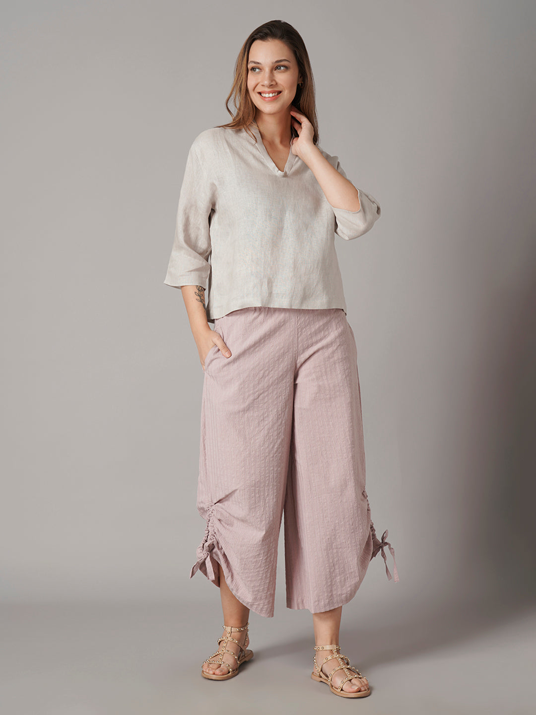 Women's Beige 100% Linen Regular Fit Blouse