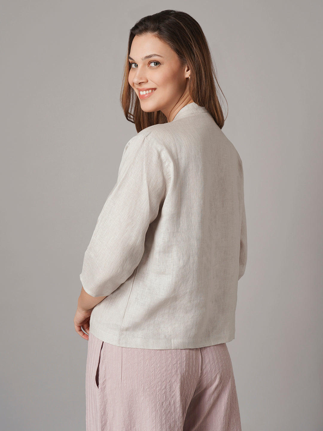 Women's Beige 100% Linen Regular Fit Blouse
