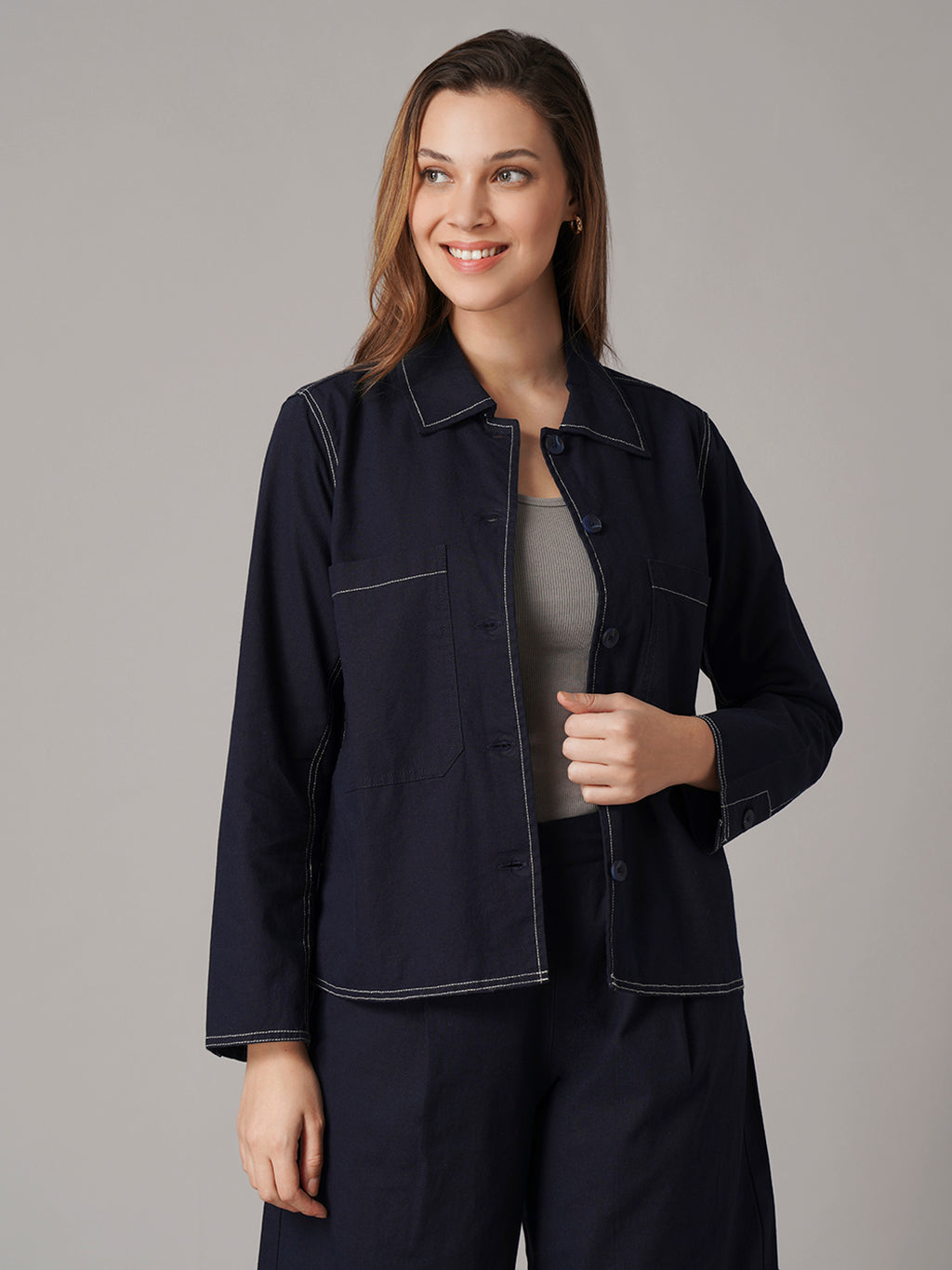 Women's Cotton Linen Regular Fit Jacket Navy