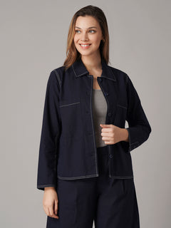 Women's Cotton Linen Regular Fit Jacket Navy