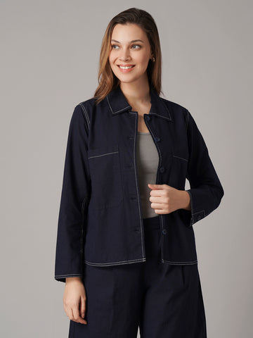 Women's Cotton Linen Regular Fit Jacket Navy
