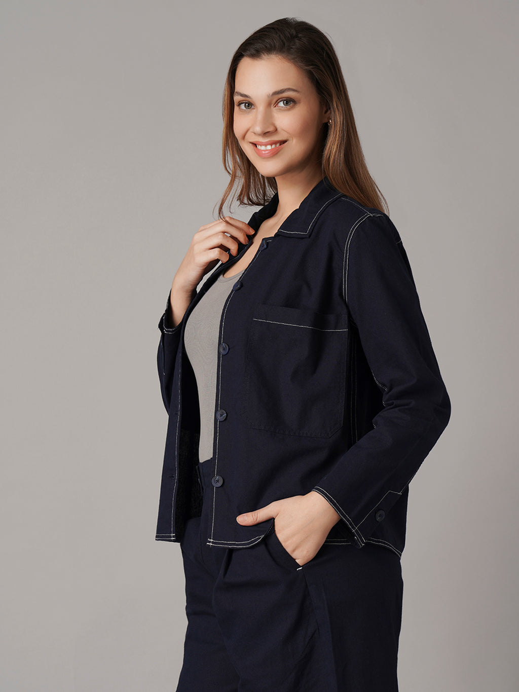 Women's Cotton Linen Regular Fit Jacket Navy