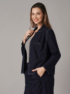 Women's Cotton Linen Regular Fit Jacket Navy