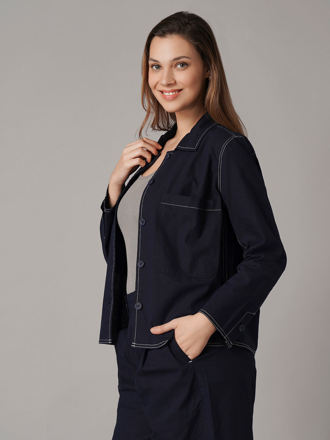 Women's Cotton Linen Regular Fit Jacket Navy