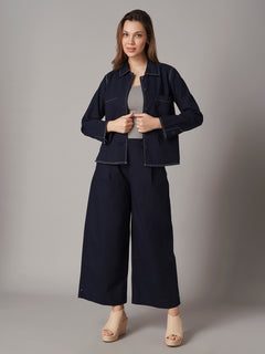 Women's Cotton Linen Regular Fit Jacket Navy