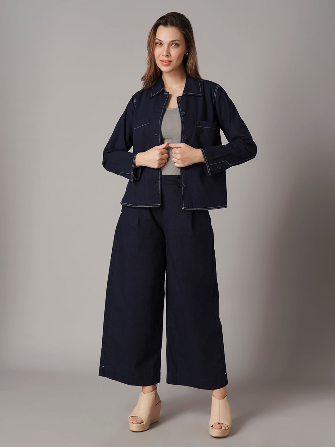 Women's Cotton Linen Regular Fit Jacket Navy
