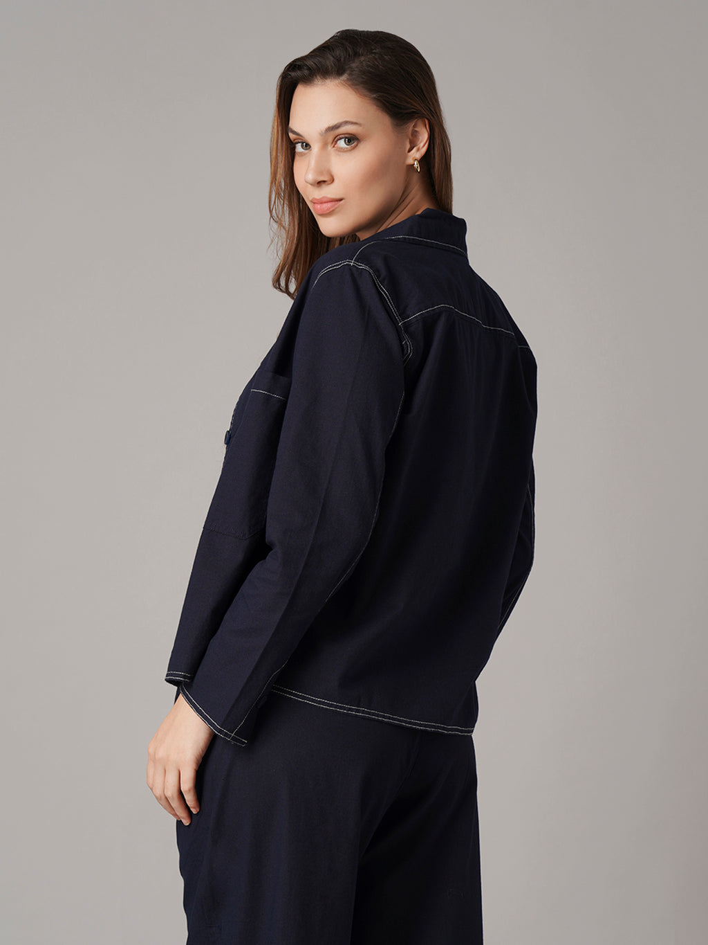 Women's Cotton Linen Regular Fit Jacket Navy