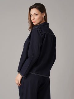 Women's Cotton Linen Regular Fit Jacket Navy