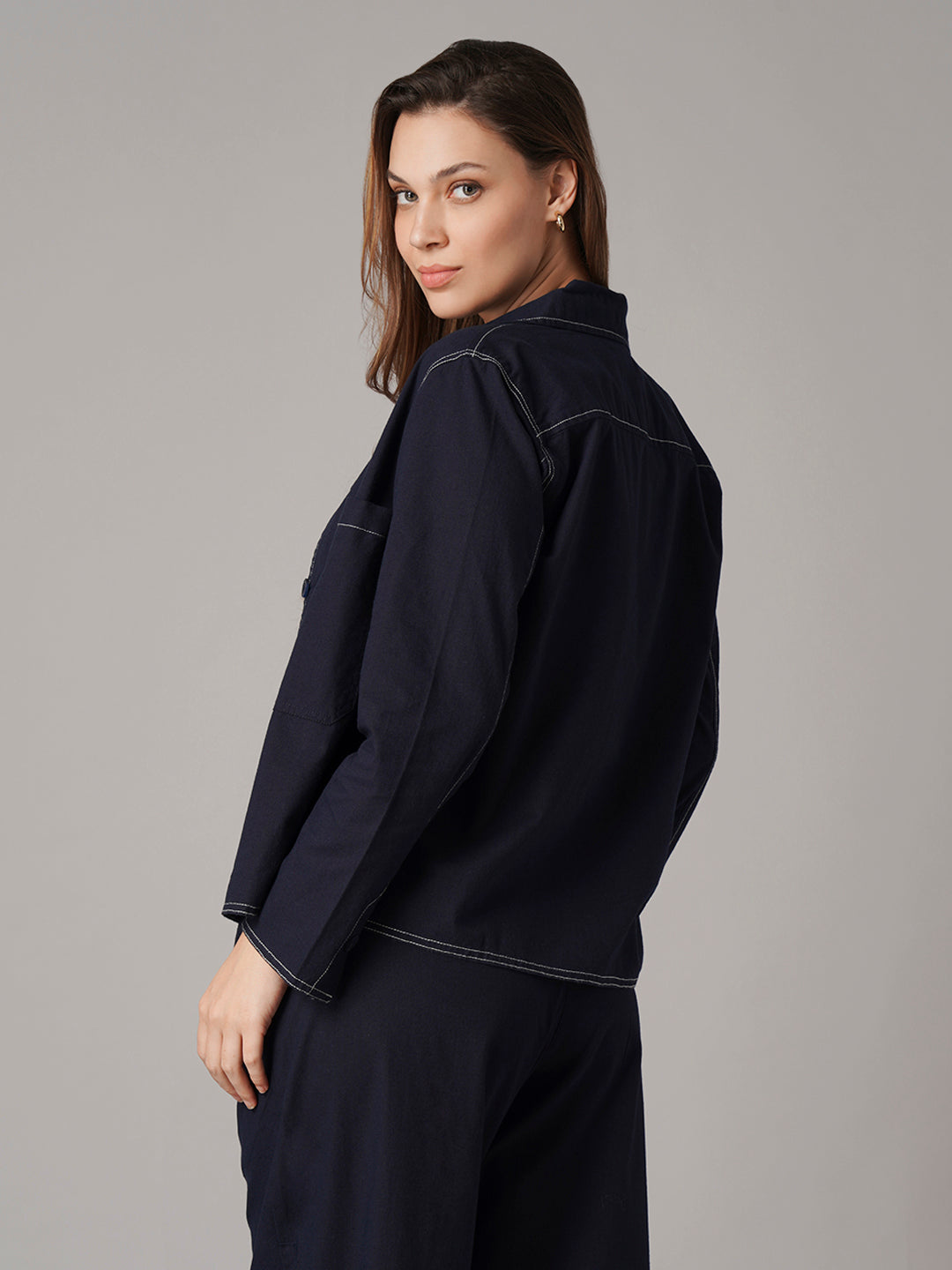 Women's Cotton Linen Regular Fit Jacket Navy