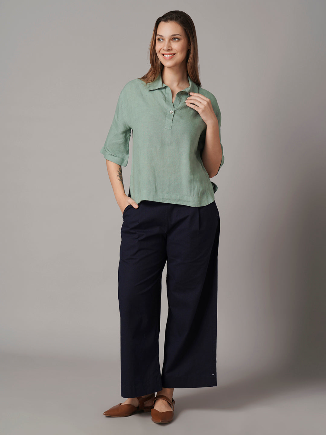Women's 100% Linen Boxy Fit Blouse Green