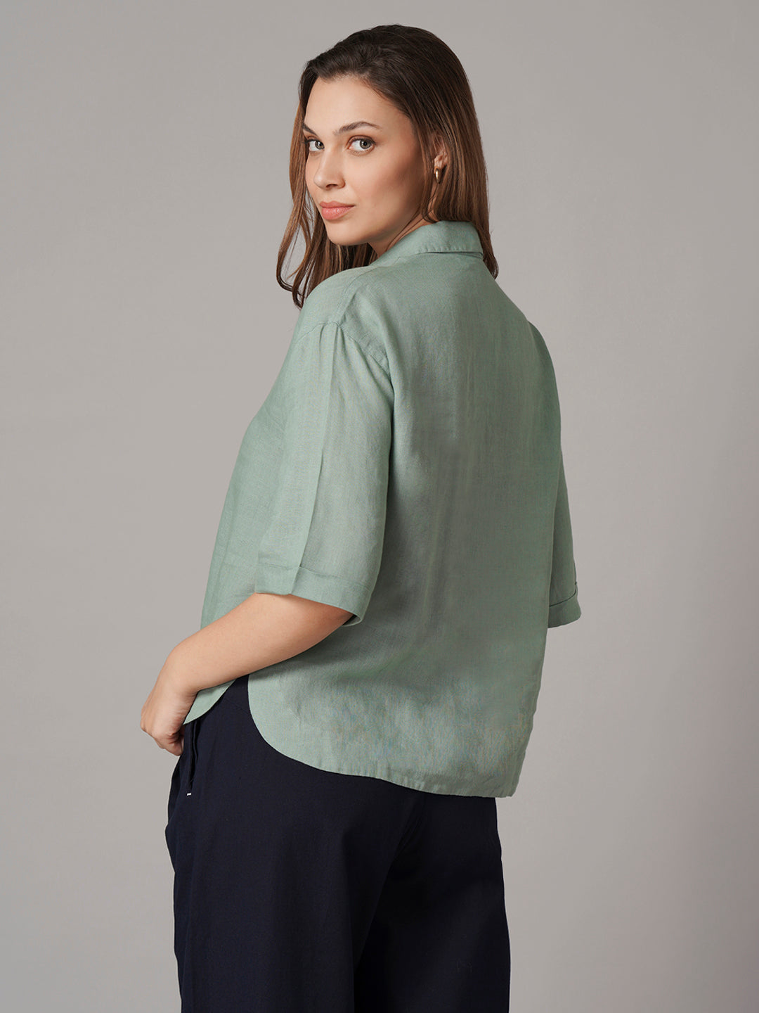 Women's 100% Linen Boxy Fit Blouse Green