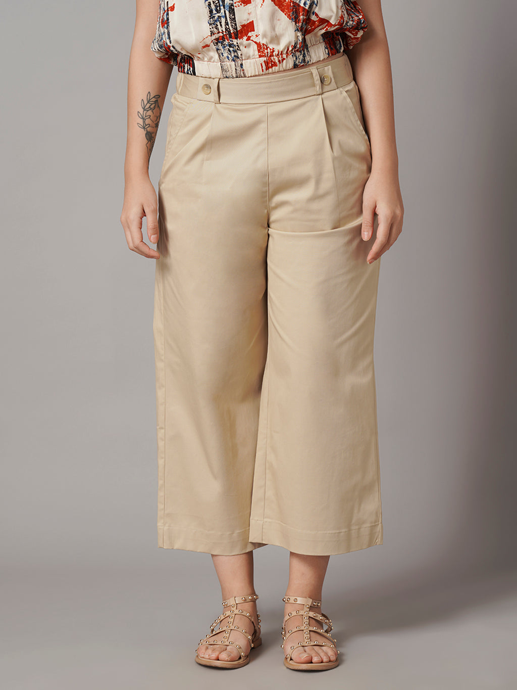 Women's Cotton Lycra Regular Fit Culotte Beige