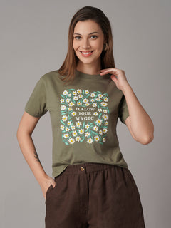 Women's Dk Olive 100% Organic Cotton Regular Fit Tshirt
