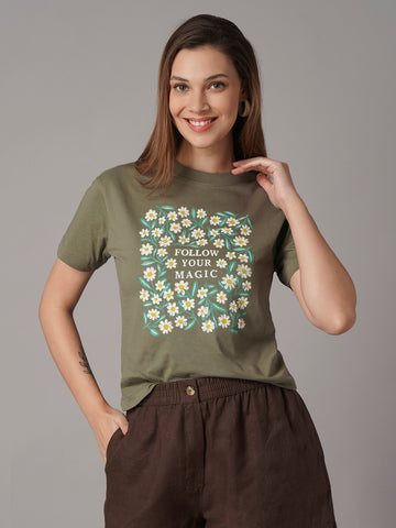 Women's Dk Olive 100% Organic Cotton Regular Fit Tshirt