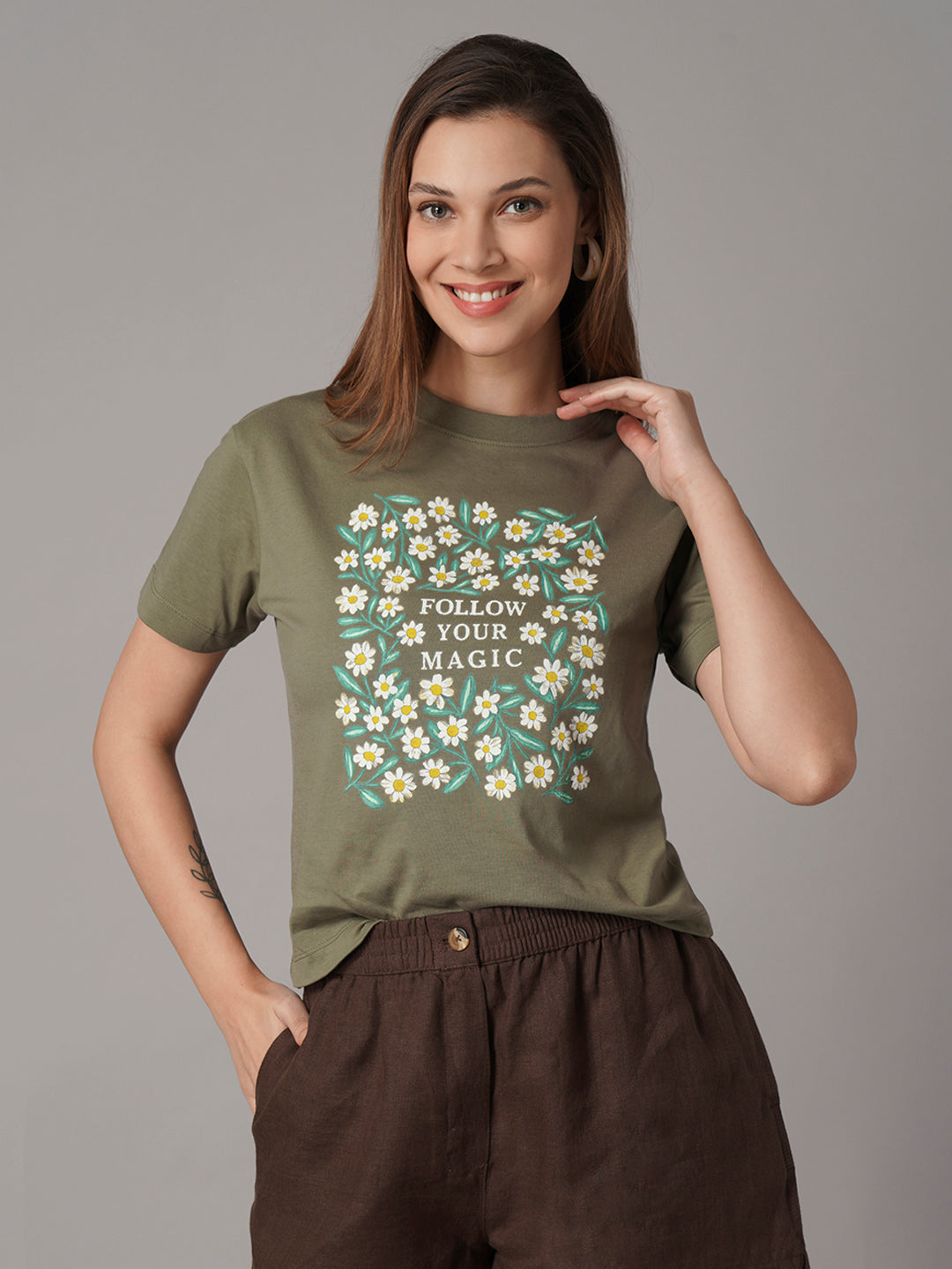 Women's Dk Olive 100% Organic Cotton Regular Fit Tshirt