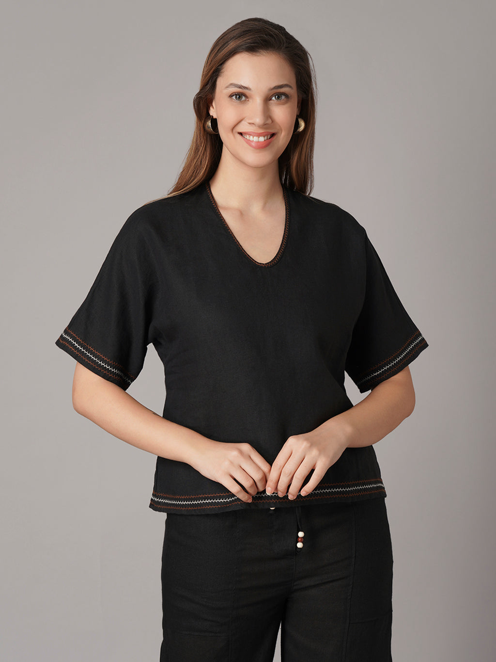 Women's Black 100% Linen Boxy Fit Blouse