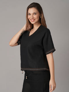 Women's Black 100% Linen Boxy Fit Blouse