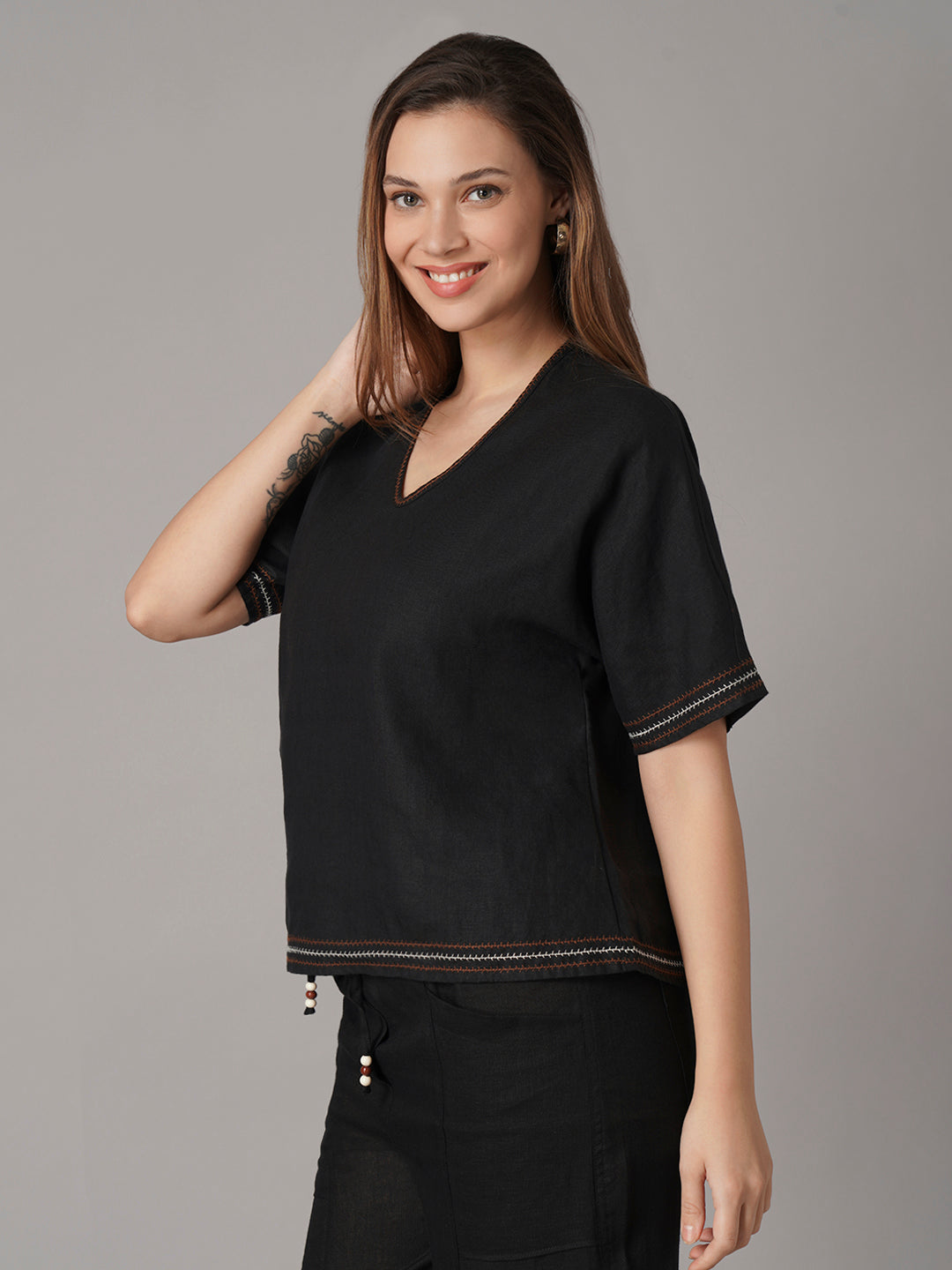 Women's Black 100% Linen Boxy Fit Blouse