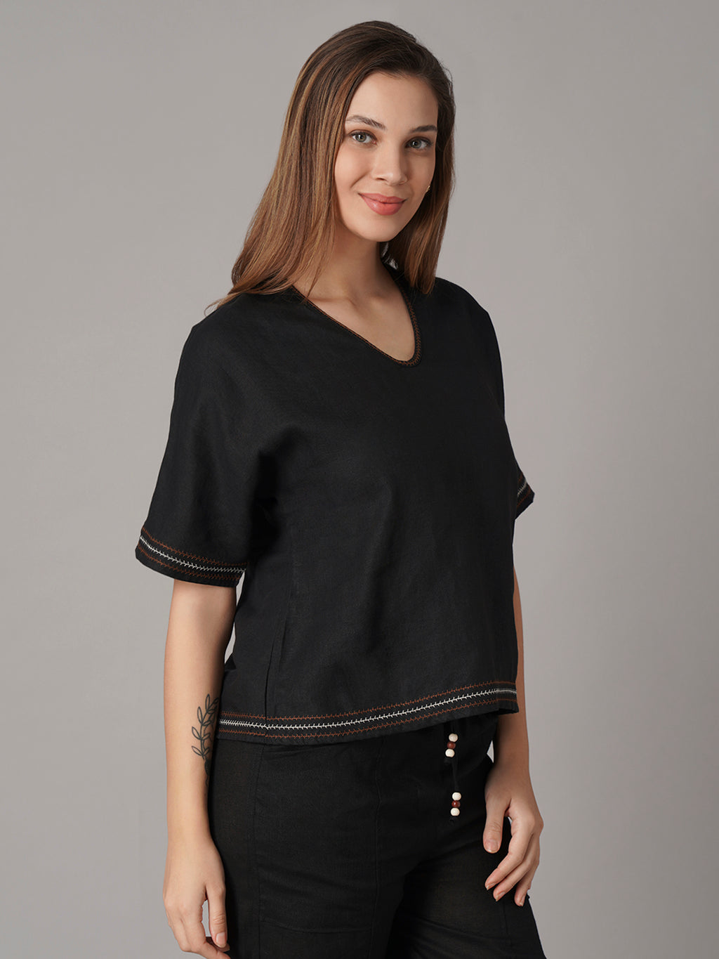 Women's Black 100% Linen Boxy Fit Blouse