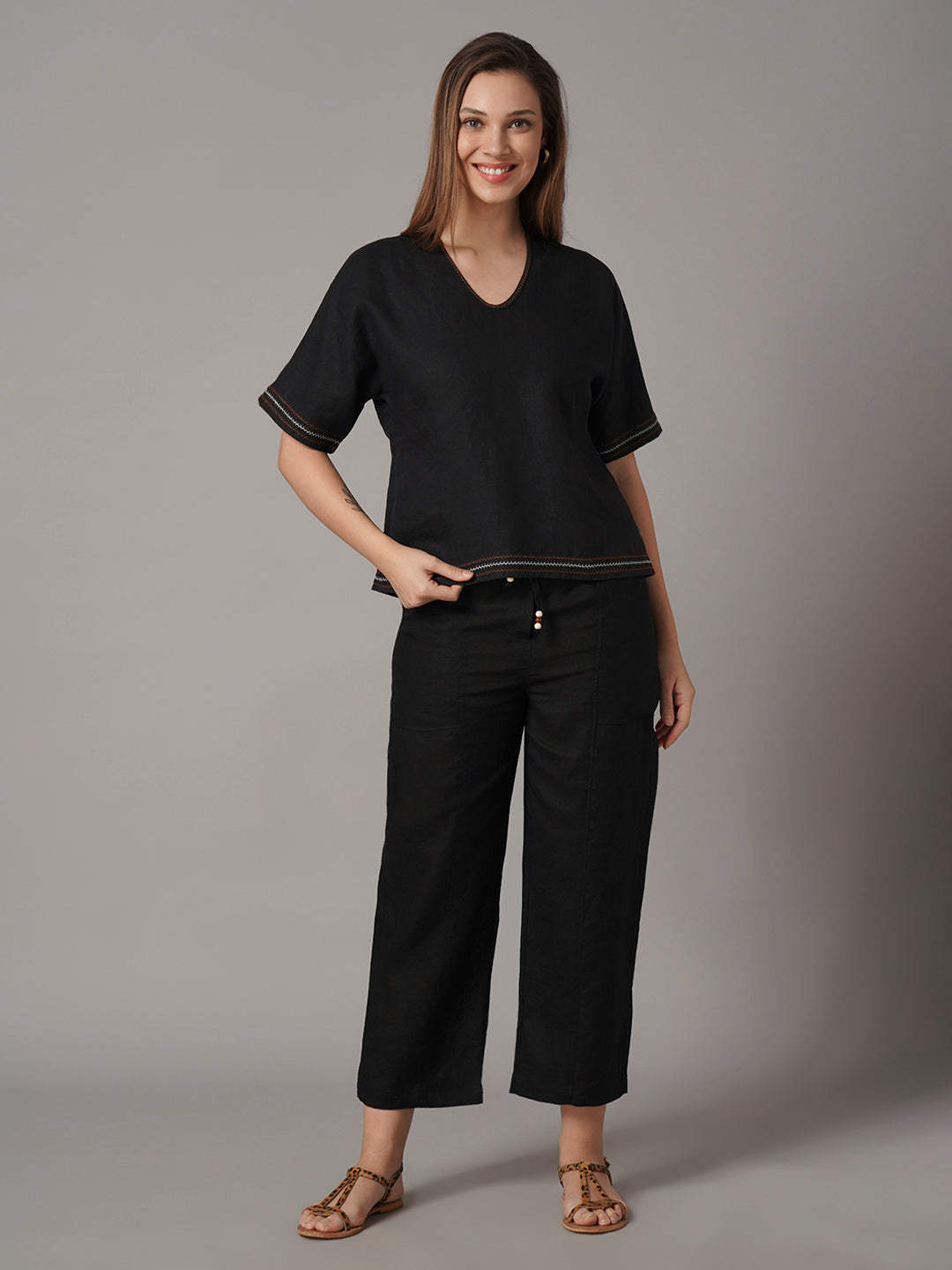 Women's Black 100% Linen Boxy Fit Blouse