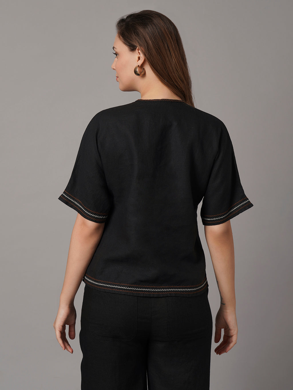 Women's Black 100% Linen Boxy Fit Blouse