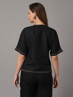 Women's Black 100% Linen Boxy Fit Blouse