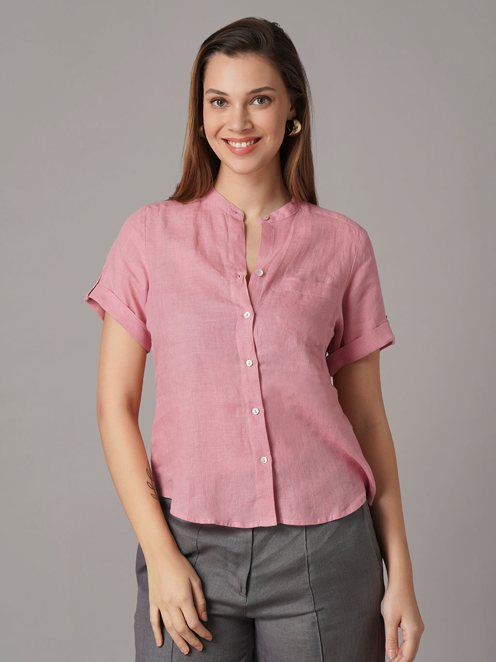Women's 100% Linen Regular Fit Blouse Pink