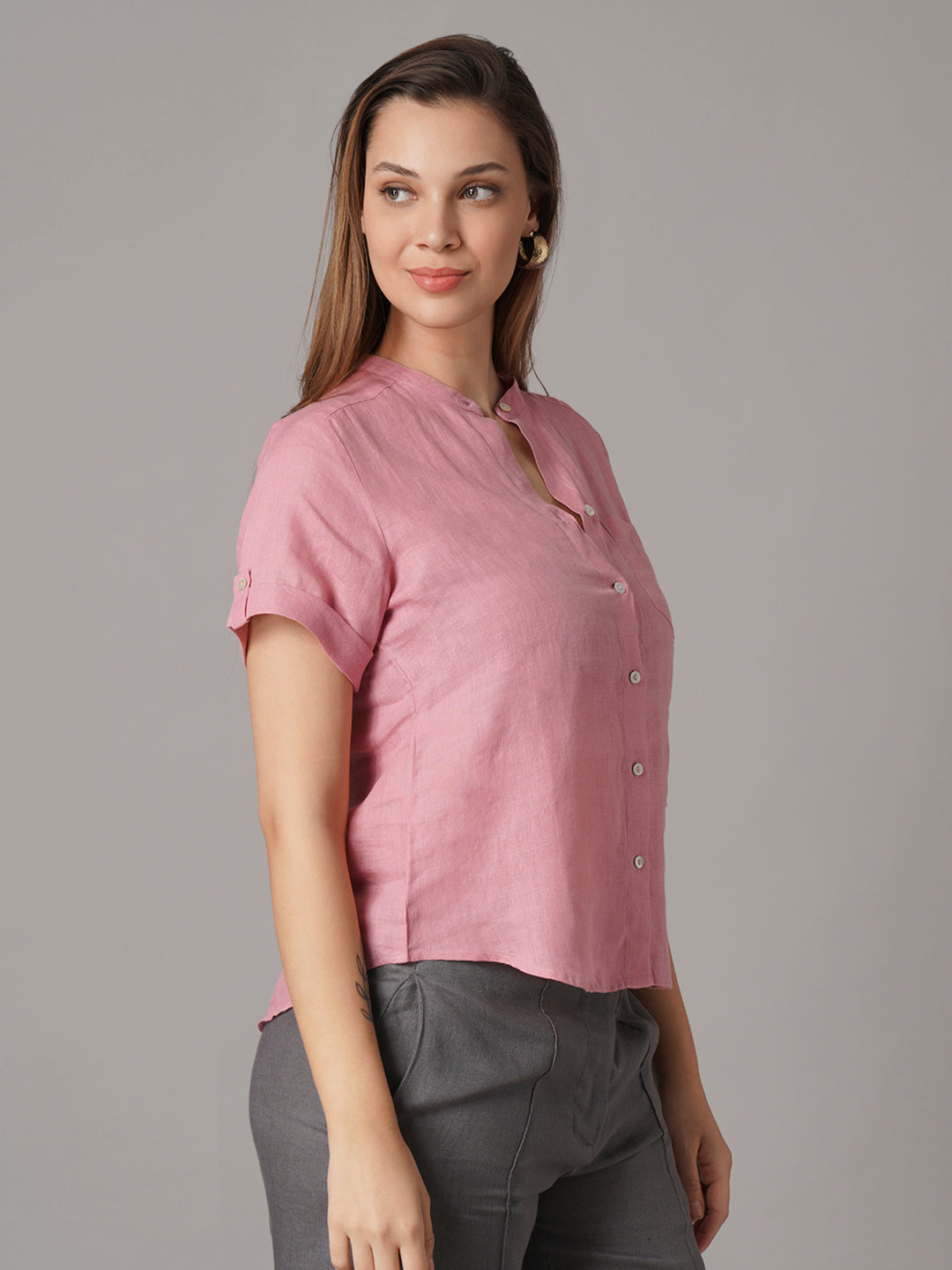 Women's 100% Linen Regular Fit Blouse Pink