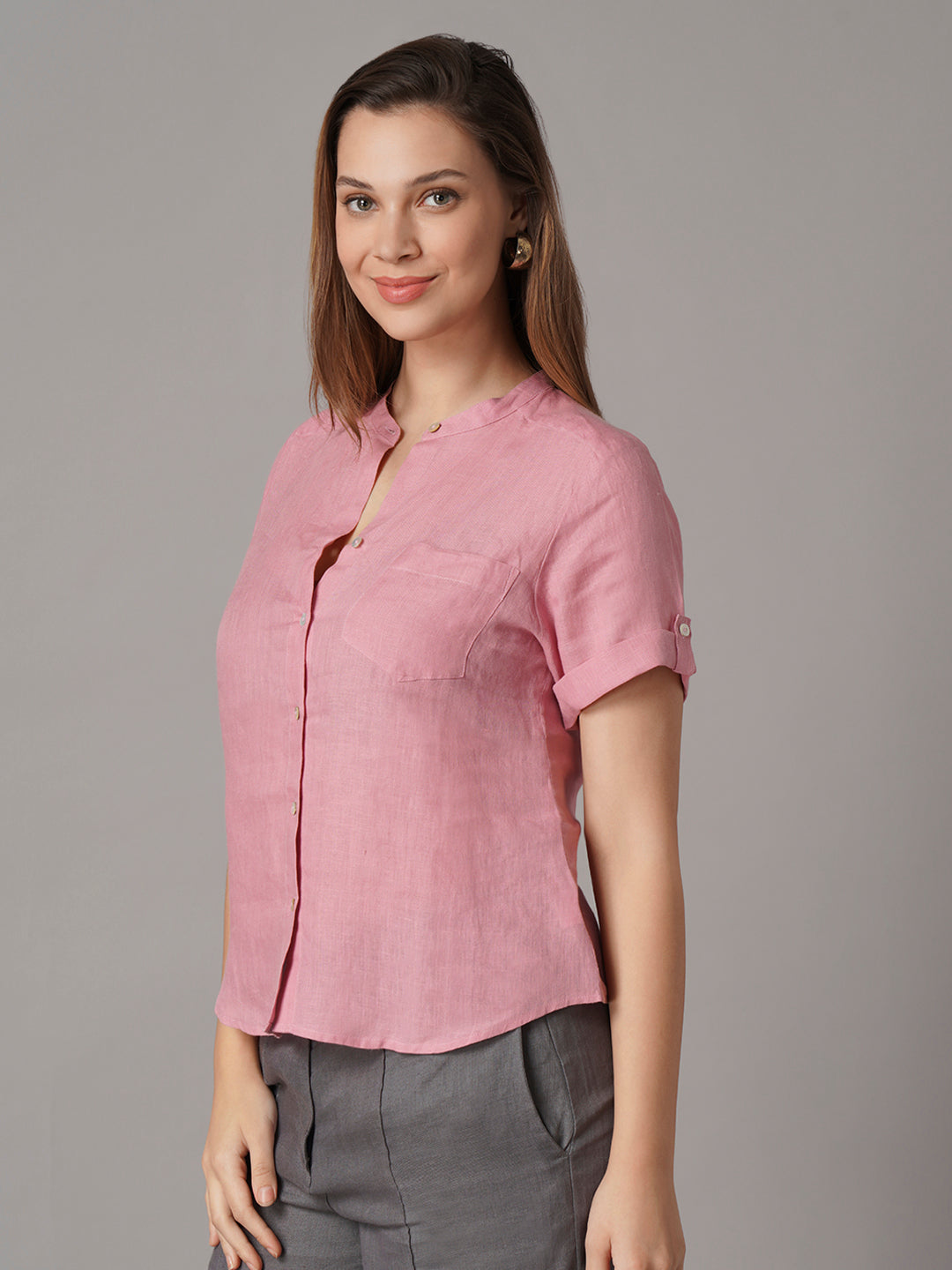 Women's 100% Linen Regular Fit Blouse Pink