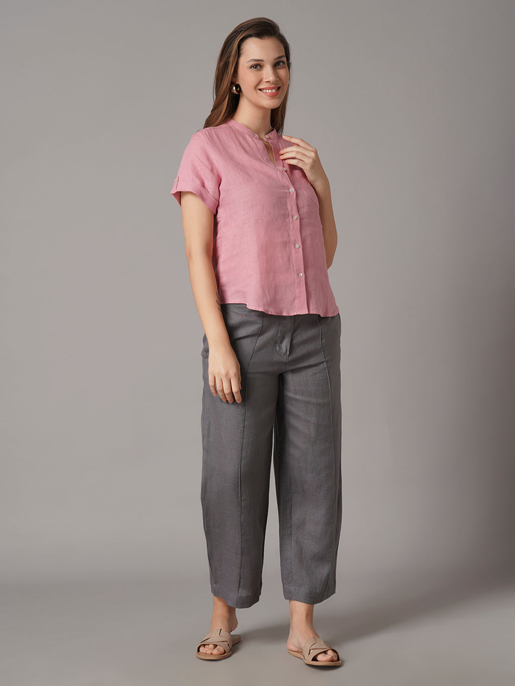 Women's 100% Linen Regular Fit Blouse Pink