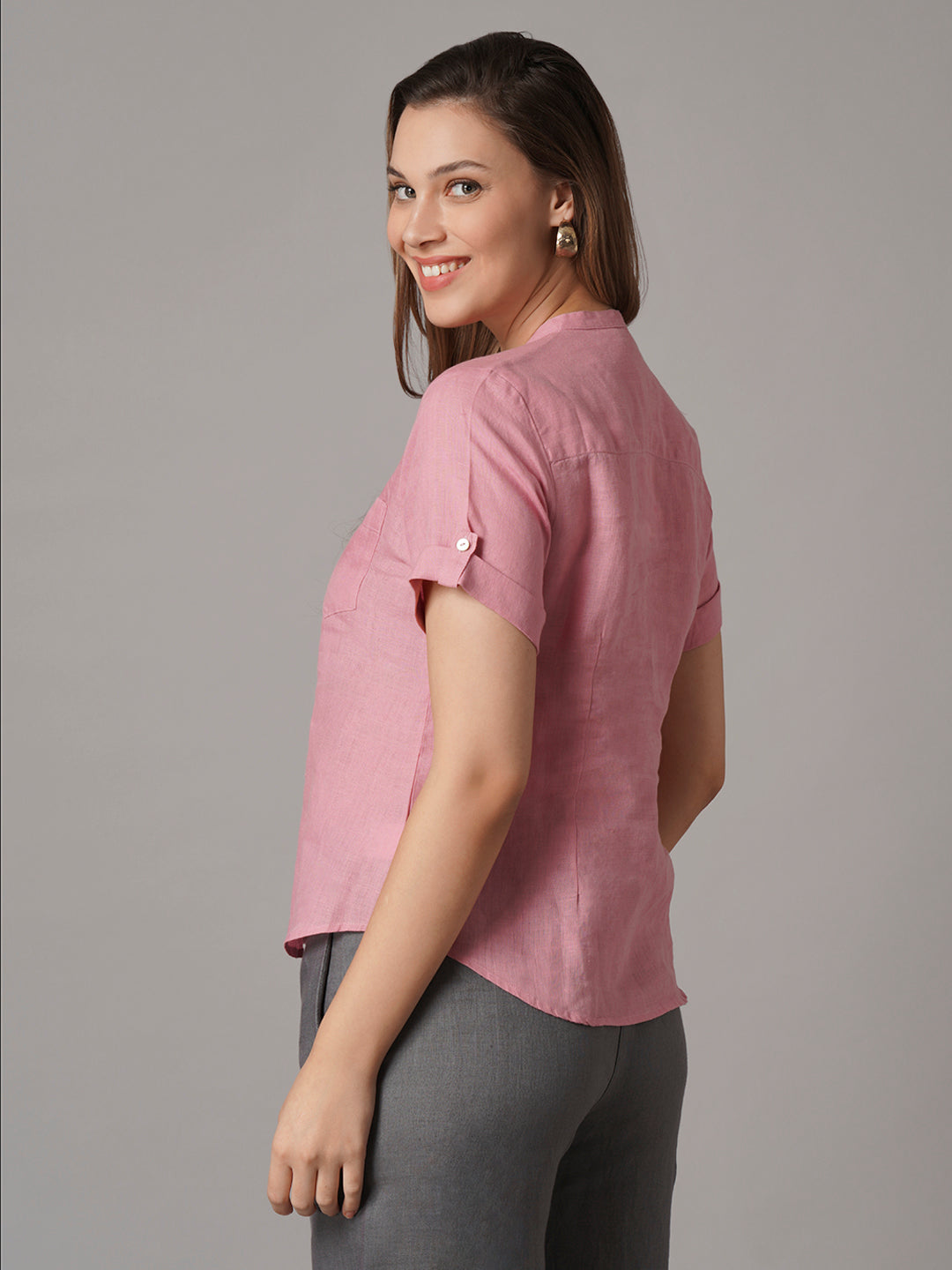 Women's 100% Linen Regular Fit Blouse Pink