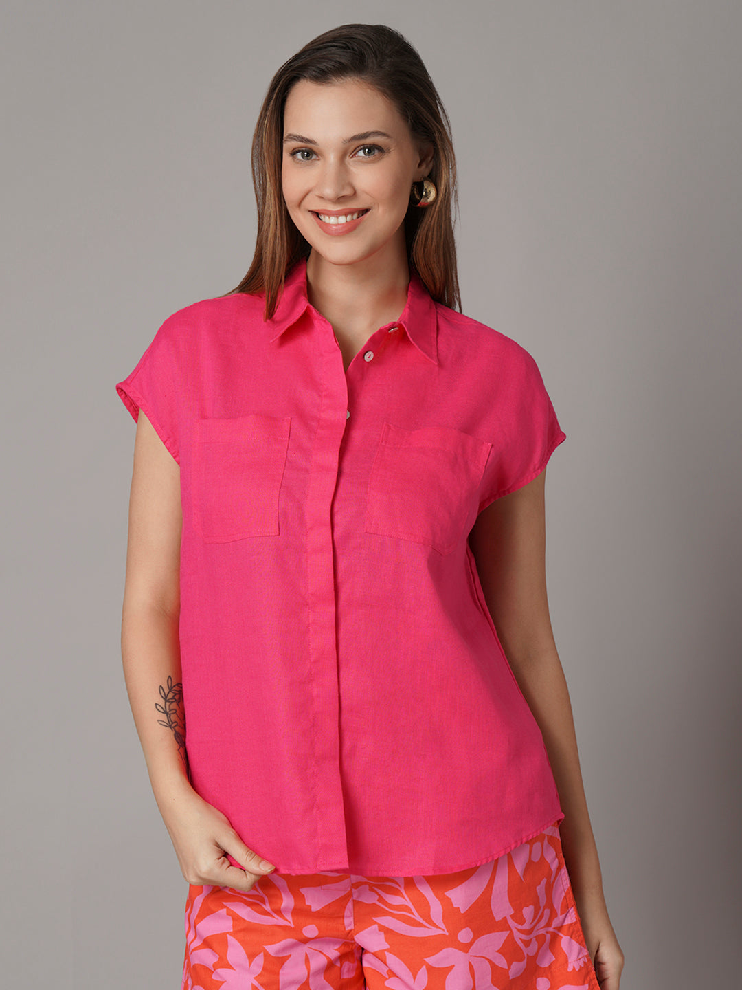 Women's 100% Linen Relax Fit Blouse Pink