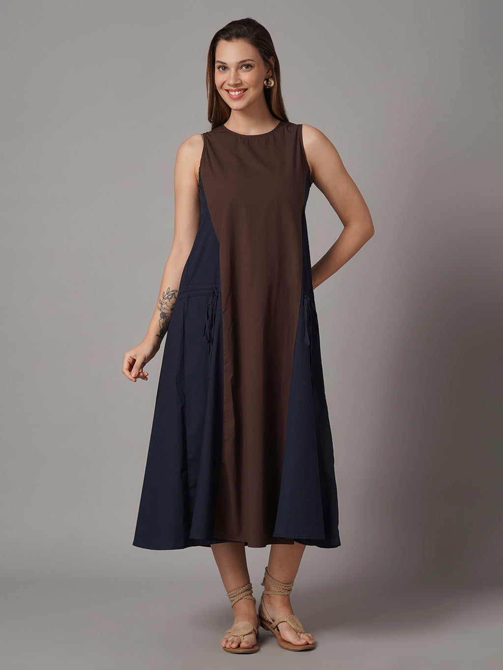 Women's Brown Cotton Lycra Regular Fit Dress