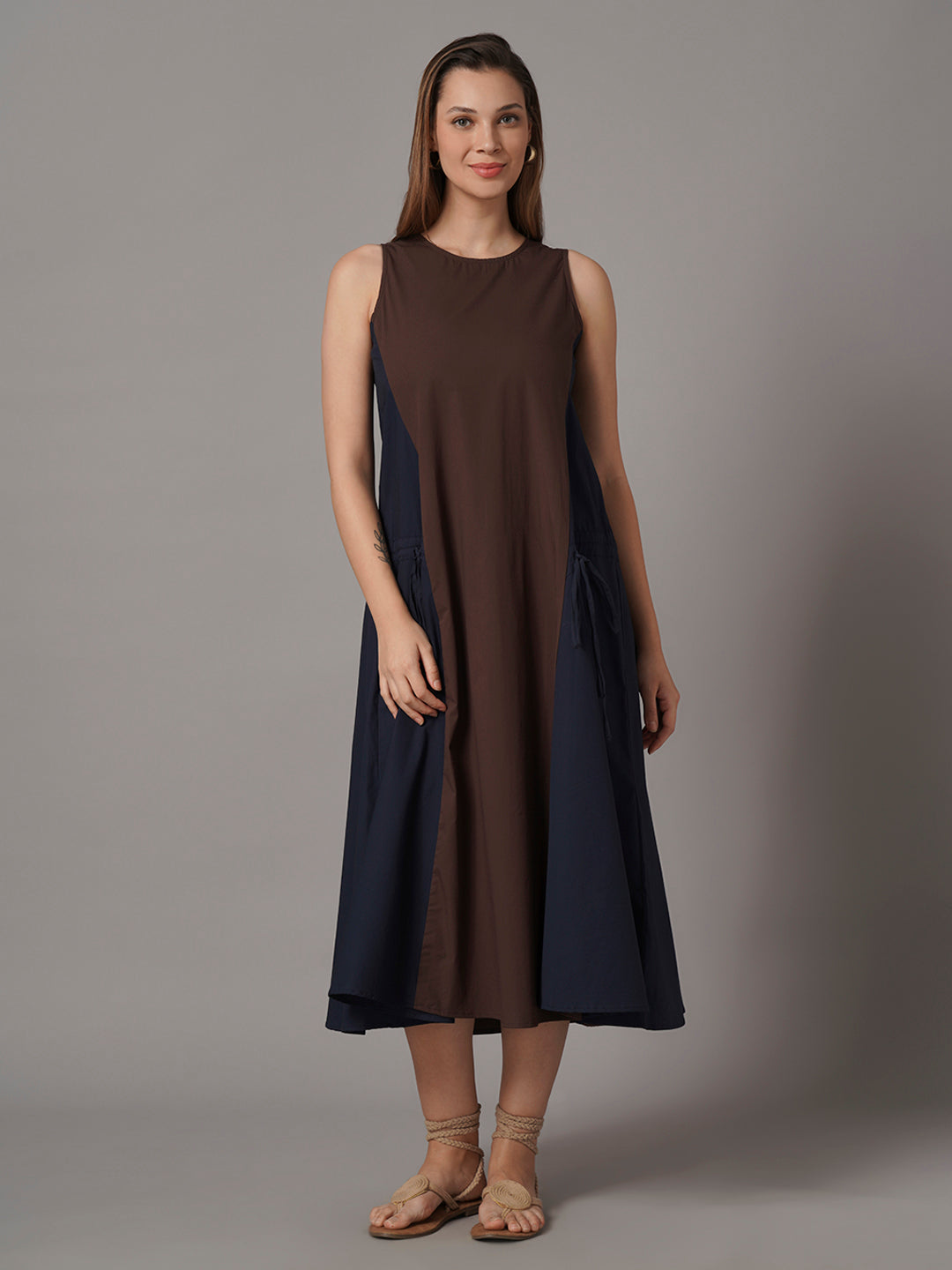 Women's Brown Cotton Lycra Regular Fit Dress
