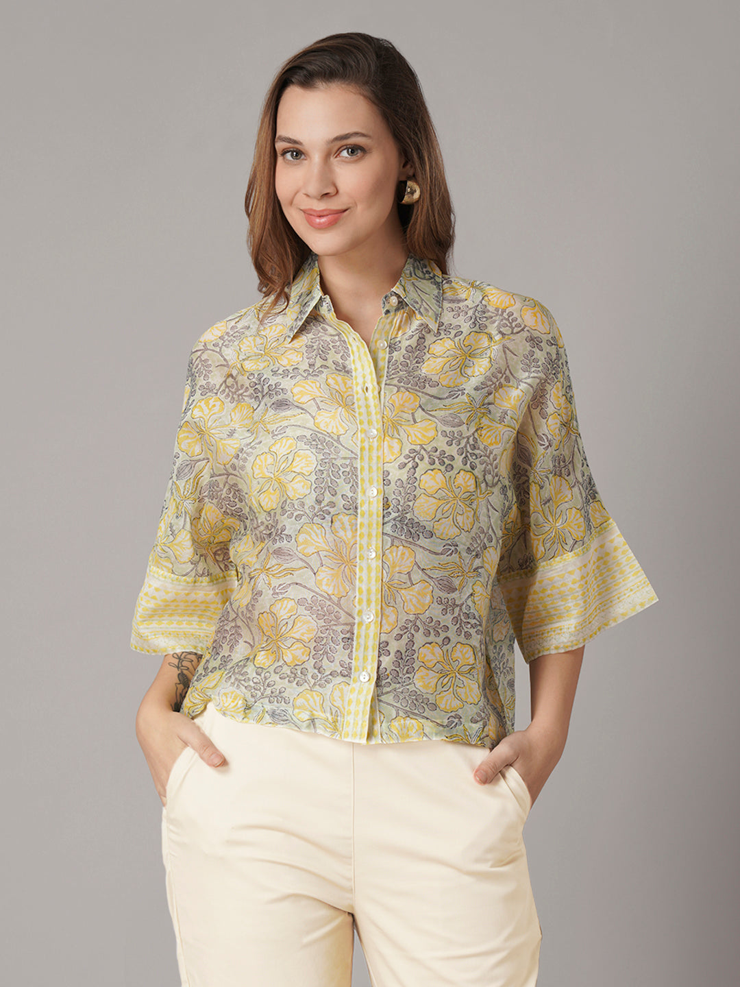 Women's Cotton Silk Boxy Fit Blouse Yellow