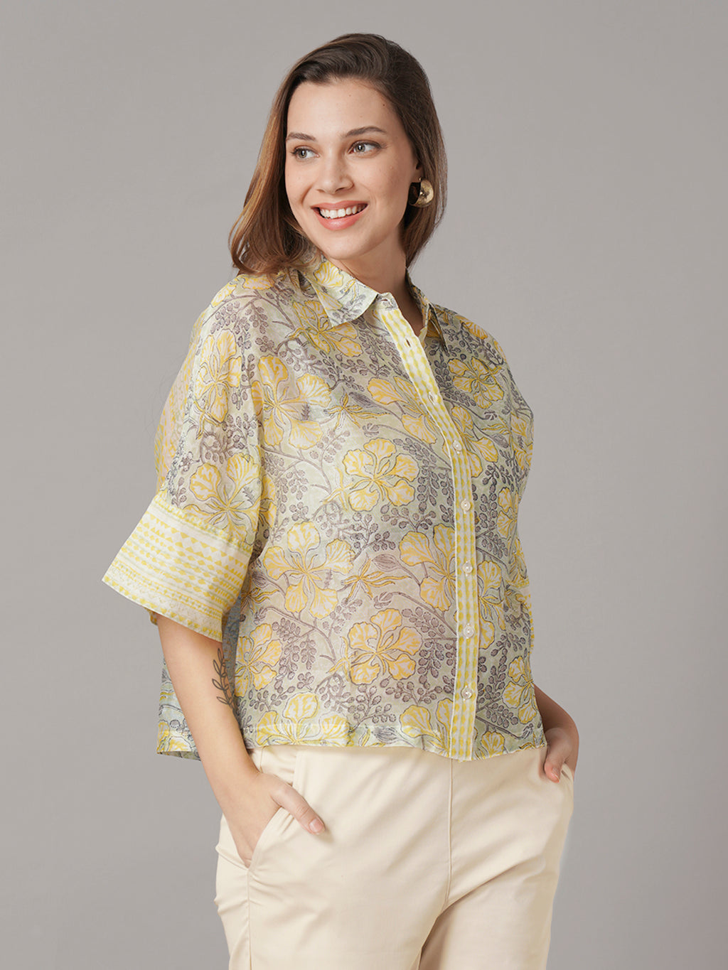 Women's Cotton Silk Boxy Fit Blouse Yellow