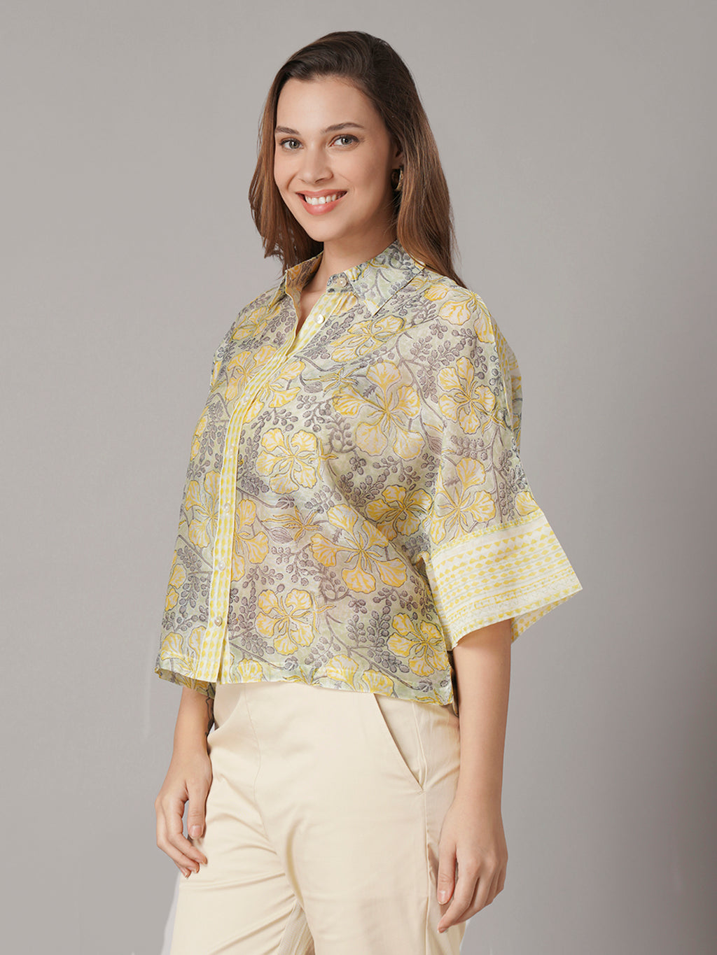 Women's Cotton Silk Boxy Fit Blouse Yellow