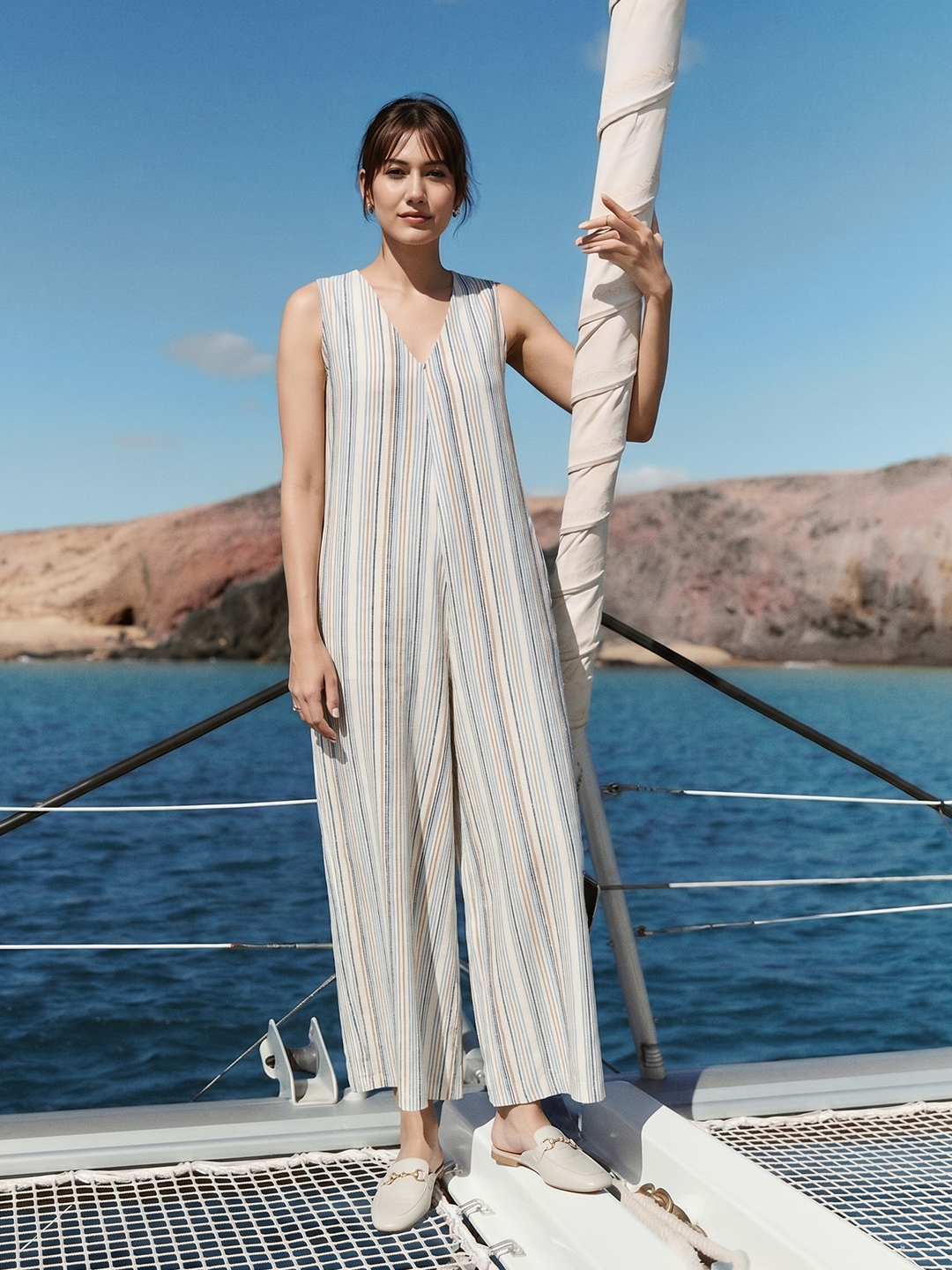Women's Cream Linen Viscose Regular Fit Jumpsuit