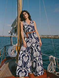 Women's Navy 100% Linen Regular Fit Jumpsuit