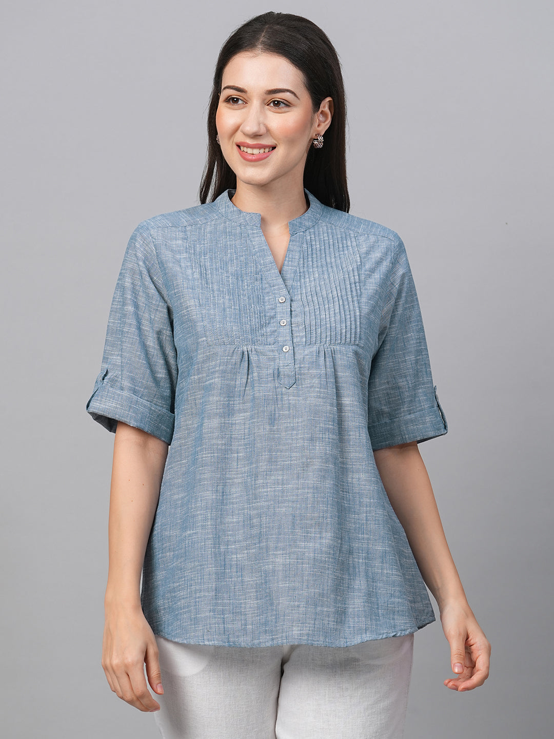 Women's Navy Cotton Regular Fit Blouse