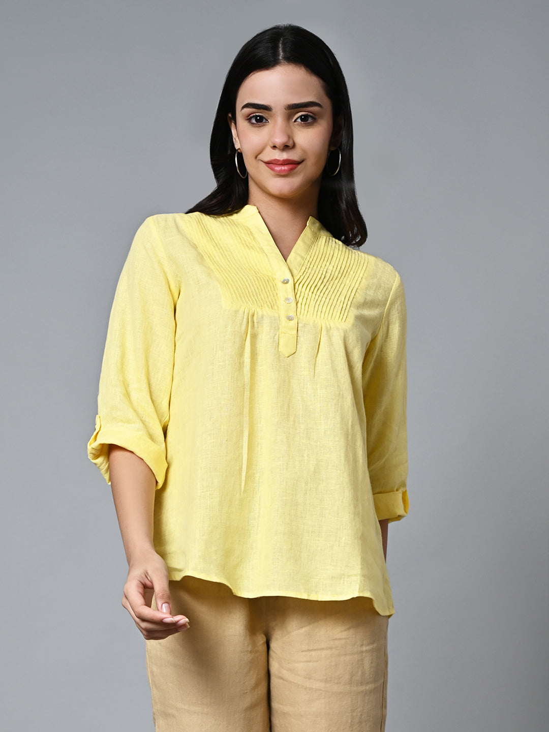 Women's Yellow Linen Excel Regular Fit Blouse