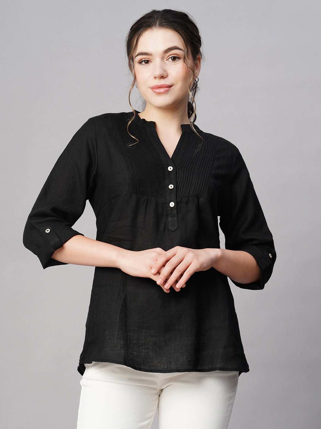Women's Black 100% Linen Regular Fit Blouse