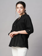 Women's Black 100% Linen Regular Fit Blouse