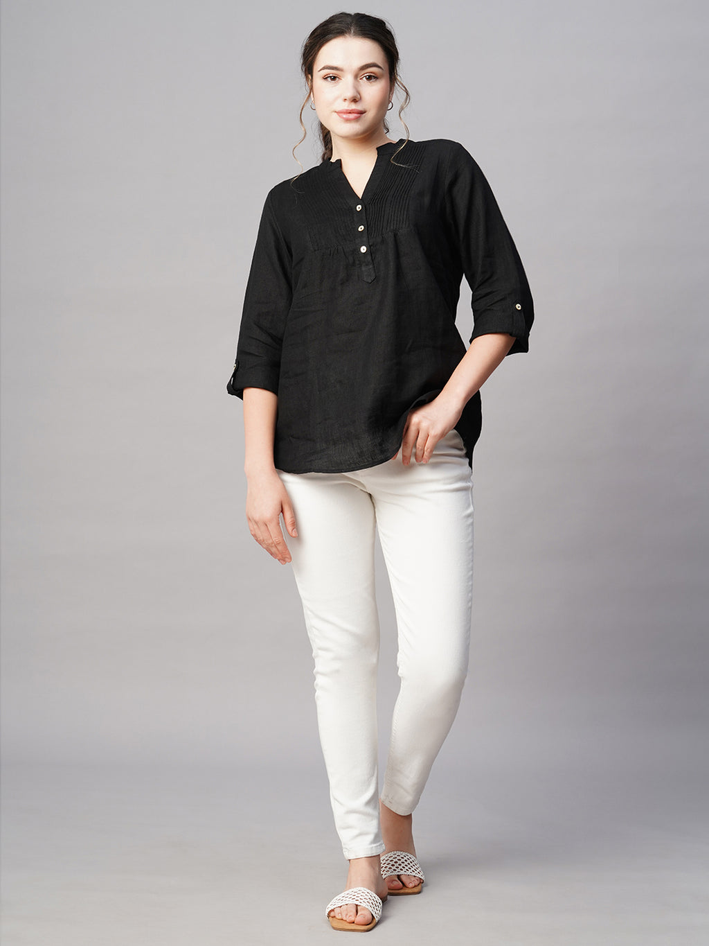 Women's Black 100% Linen Regular Fit Blouse