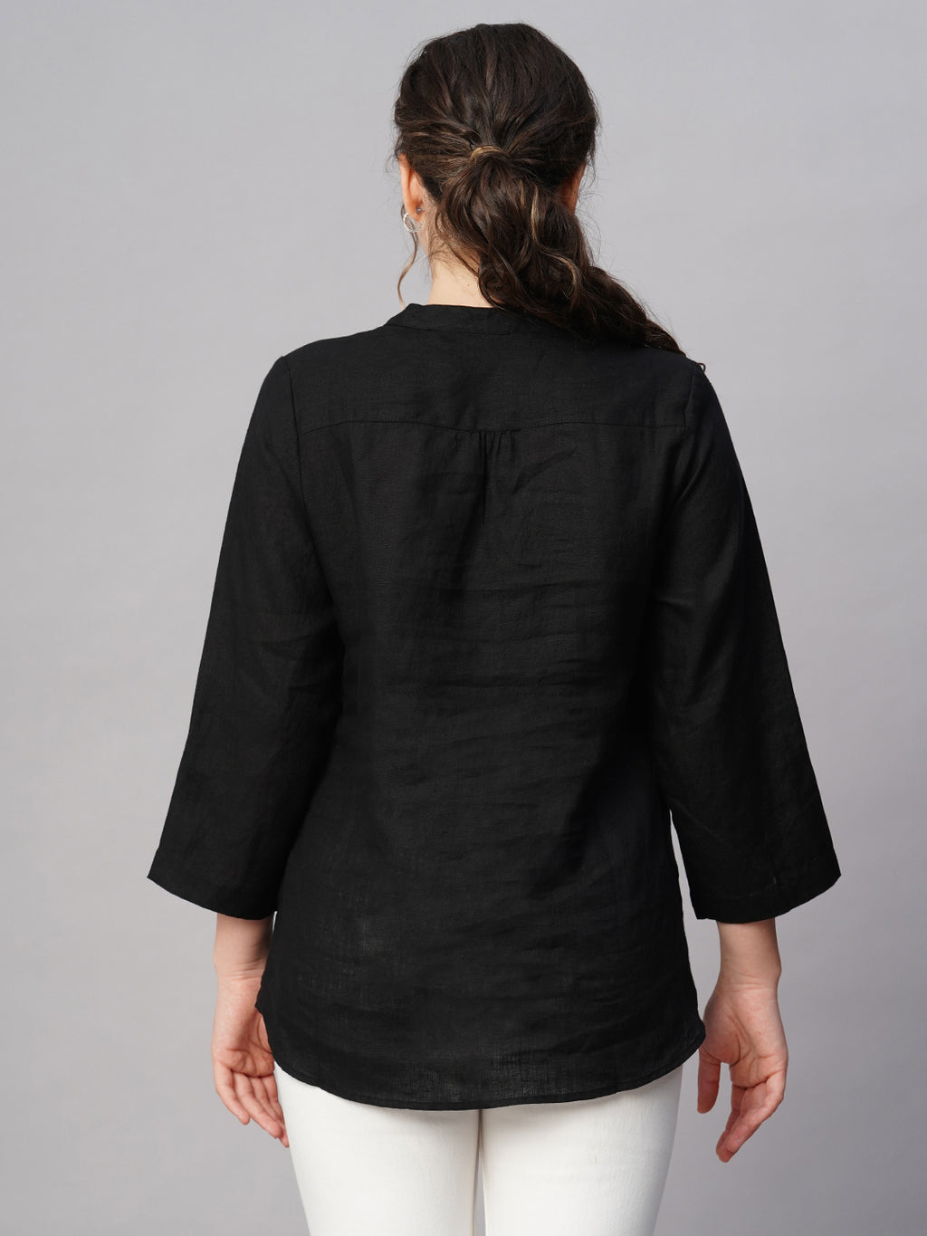 Women's Black 100% Linen Regular Fit Blouse